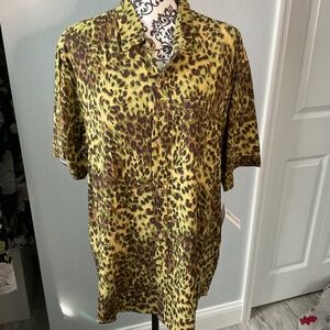 Green and brown cheetah print-button down